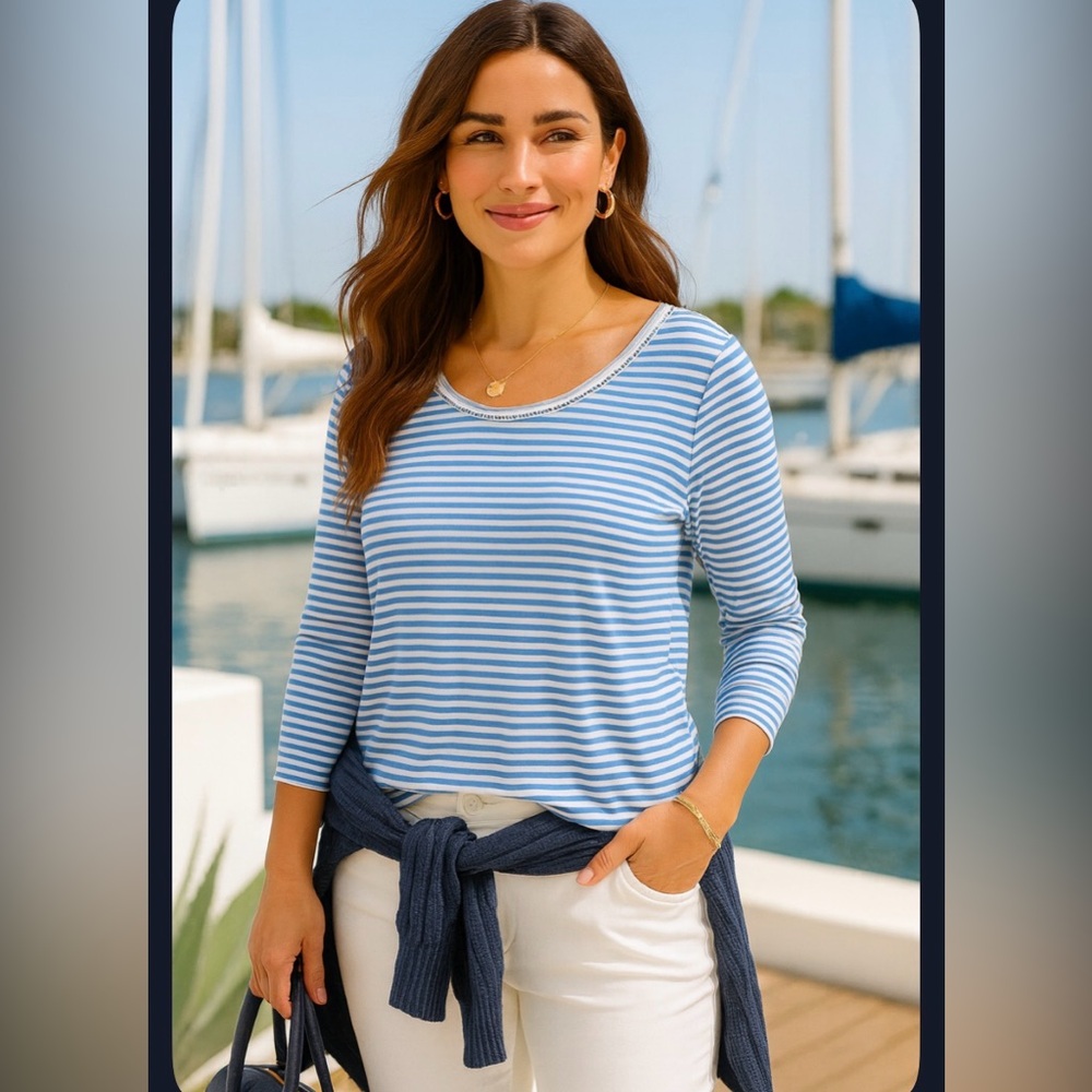 Talbots Plus 1X Shirt Top Cotton Tee T-shirt Woman Blue Striped Preppy Coastal
